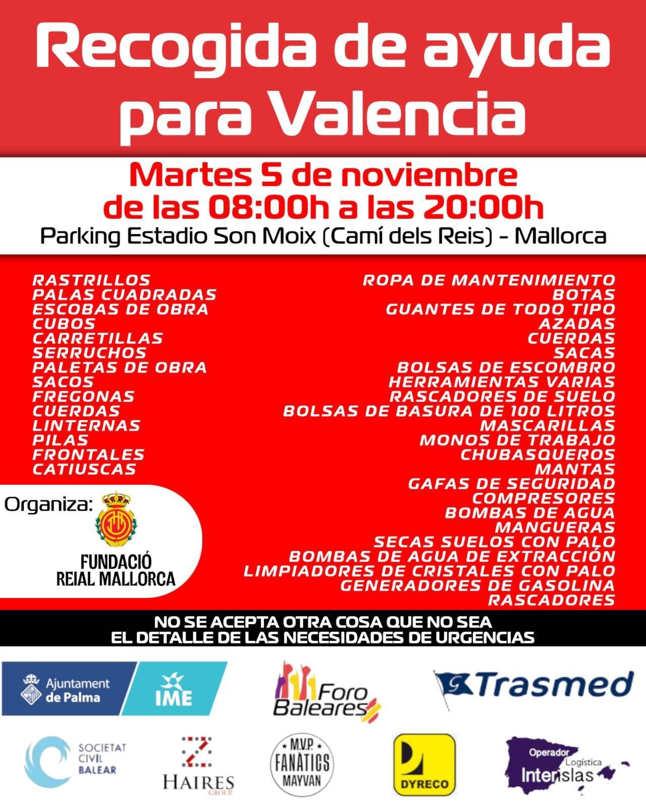 MALLORCA se vuelca en una Jornada Solidaria DE  RECOGIDA DE MATERIAL PARA VALENCIA.